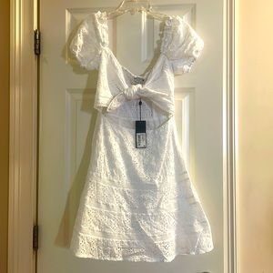 NWT Sawyer Eyelet Cutout Tie Deep Sweetheart Neck Short Puff Sleeve A-Line Dress